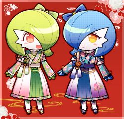Rule 34 | 2girls, alternate color, bell, blue bow, blue footwear, blue hair, blue kimono, blue ribbon, blue skin, blush, blush stickers, bob cut, border, bow, closed mouth, clothed pokemon, collar, colored skin, creatures (company), eye contact, female focus, flat chest, floral print, flower, frilled kimono, frilled skirt, frilled sleeves, frills, full body, game freak, gardevoir, gen 3 pokemon, geta, green bow, green hair, green kimono, green ribbon, green skin, hair bow, hair over one eye, happy, japanese clothes, jingle bell, kimono, long sleeves, looking at another, lotosu, mega stone, multicolored clothes, multicolored skin, multicolored skirt, multiple girls, nintendo, open mouth, orange eyes, outline, pokemon, pokemon (creature), red background, red eyes, red outline, ribbon, ribbon-trimmed skirt, ribbon trim, sandals, sash, shiny and normal, shiny pokemon, short hair, skirt, sleeves past wrists, smile, standing, symmetry, two-tone skin, white skin, yellow footwear