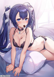 Rule 34 | 1girl, bare arms, bare shoulders, bed sheet, bikini, black bikini, black choker, blue eyes, blue hair, blue nails, bow, breasts, chocolate, choker, cleavage, collarbone, fingernails, front-tie bikini top, front-tie top, frown, hair bow, horns, komeshiro kasu, long hair, looking at viewer, lying, medium breasts, mouth hold, nail polish, navel, on bed, on side, original, pillow, sharp fingernails, side-tie bikini bottom, sidelocks, solo, stomach, swimsuit, thigh gap, thighs, twintails, v-shaped eyebrows