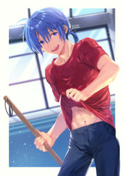 Rule 34 | 1boy, abs, angel beats!, blue pants, blurry, cleaning brush, commentary request, cowboy shot, depth of field, hinata hideki, looking at viewer, low ponytail, male focus, open mouth, pants, pole, red shirt, satomi yoshitaka, shirt, shirt hold, short hair, solo, standing