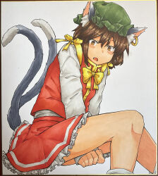 Rule 34 | 1girl, animal ear fluff, animal ear piercing, animal ears, between legs, bow, bowtie, breasts, brown eyes, brown hair, cat ears, cat tail, chagamaka, chen, d:, double-parted bangs, earrings, fang, feet out of frame, frills, gold trim, hair between eyes, hand between legs, hat, highres, jewelry, knees together feet apart, leaning forward, looking at viewer, mob cap, multiple tails, nekomata, open mouth, petticoat, red skirt, red vest, short hair, simple background, single earring, sitting, skirt, skirt set, sleeves past wrists, small breasts, solo, tail, tail raised, touhou, traditional media, two tails, vest, white background, yellow bow, yellow bowtie
