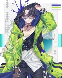 Rule 34 | 1boy, aki (neural cloud), aki (whistling sunday) (neural cloud), belt, black hair, black pants, collarbone, cowboy shot, earrings, girls&#039; frontline, girls&#039; frontline neural cloud, green jacket, hand in pocket, highres, hood, hooded jacket, jacket, jewelry, looking at viewer, male focus, necklace, official alternate costume, open clothes, open jacket, paint splatter, paint splatter on face, pants, qr code, rabb horn, shirt, shirt partially tucked in, short hair, solo, stuffed animal, stuffed toy, teddy bear, tinted eyewear, tongue, tongue out, white shirt