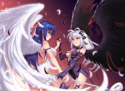 Rule 34 | 2girls, ahoge, angel, antenna hair, arched back, arin, backless dress, backless outfit, bare shoulders, black legwear, black wings, blue eyes, blue hair, breasts, cleavage, closed mouth, couple, dress, elbow gloves, feathers, female focus, floating hair, ghost, gloves, golf club, hair ornament, holding hands, hand up, interlocked fingers, kamdia, large breasts, lips, long hair, looking at another, medium breasts, multiple girls, orange eyes, pangya, parted lips, purple dress, purple gloves, purple legwear, short dress, silver hair, skull, skull hair ornament, smile, spika (pangya), standing, strapless, strapless dress, white dress, white wings, wings, yuri