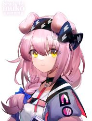 Rule 34 | 1girl, animal ears, arknights, black bow, black choker, black hairband, blue bow, bow, braid, cat ears, choker, commentary, goldenglow (arknights), hair between eyes, hair bow, hairband, inuko (redconstellation), jacket, looking at viewer, medium hair, open clothes, open jacket, pink hair, shirt, simple background, single braid, smile, solo, upper body, white background, white shirt, yellow eyes
