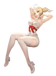 Rule 34 | 1girl, ahoge, ankle strap, armpits, arms behind head, arms up, blonde hair, blue eyes, breasts, catherine, catherine (game), cleavage, destiny child, dress, drill hair, full body, head tilt, high heels, kim hyung tae, large breasts, looking at viewer, official art, parted lips, pencil skirt, plantar flexion, short dress, sitting, skirt, smile, solo, strappy heels, thighhighs, transparent background, twin drills, twintails, white heels, white thighhighs
