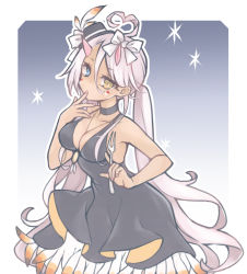 Rule 34 | 1girl, ahoge, azur lane, black choker, black dress, black hat, blue eyes, bow, breasts, carving fork, choker, cleavage, commentary request, cowboy shot, dark-skinned female, dark skin, dress, facepaint, feather-trimmed dress, fork, hair between eyes, hair bow, hat, heart, heart ahoge, heterochromia, holding, holding fork, horns, indianapolis (azur lane), indianapolis (the light of circle city) (azur lane), kunotsuki, long hair, looking at viewer, medium breasts, official alternate costume, pink hair, pink horns, solo, twintails, very long hair, white bow, yellow eyes