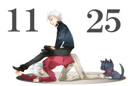 Rule 34 | 2boys, all fours, blue eyes, brothers, capcom, casual, cerberus, chibi, dante (devil may cry), dated, devil may cry, devil may cry (series), devil may cry 3, dog, fang, grey eyes, haine (howling), human chair, human furniture, male focus, multiple boys, open mouth, short hair, siblings, simple background, sitting, sitting on person, smile, trembling, twins, vergil (devil may cry), white background, white hair