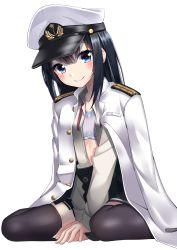 Rule 34 | 10s, 1girl, asashio (kancolle), between legs, black hair, blue bra, blue eyes, blush, bow, bow bra, bra, buttons, hand between legs, hat, highres, jacket, jacket on shoulders, kantai collection, long sleeves, looking at viewer, military, military hat, military uniform, naval uniform, neck ribbon, open clothes, open jacket, open shirt, oversized clothes, peaked cap, pleated skirt, red ribbon, ribbon, shirt, simple background, sitting, skirt, smile, solo, straight hair, takamiya nao, thighhighs, underwear, uniform, wariza, white background
