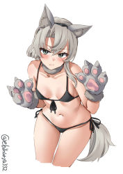 Rule 34 | 1girl, alternate costume, animal ears, animal hands, asymmetrical hair, blush, breasts, closed mouth, collarbone, cropped legs, ebifurya, feet out of frame, female focus, gloves, grey eyes, groin, hair between eyes, hands up, highres, kantai collection, looking at viewer, navel, nowaki (kancolle), paw gloves, short hair, silver hair, simple background, small breasts, solo, tail, twitter username, white background, wolf ears, wolf paws, wolf tail