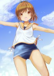 Rule 34 | 10s, 1girl, :o, aoi usagi (marinebluerabbit), bare legs, bare shoulders, barefoot, blue sky, brown eyes, brown hair, day, high ponytail, highres, i-401 (kancolle), kantai collection, leg up, looking at viewer, one-piece swimsuit, outstretched arms, sailor collar, school swimsuit, sky, solo, spread arms, swimsuit, swimsuit under clothes