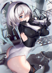 Rule 34 | 1girl, artist name, ass, back cutout, black gloves, black hairband, black shirt, black thighhighs, blue eyes, clothing cutout, commentary, crop top, feather-trimmed sleeves, gloves, hair over one eye, hairband, hands up, highres, juliet sleeves, leotard, long sleeves, looking at viewer, looking to the side, mole, mole under mouth, nier:automata, nier (series), no blindfold, parted lips, pod (nier:automata), puffy sleeves, shirt, silver hair, squchan, thighhighs, water drop, white leotard, 2b (nier:automata)