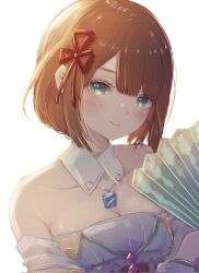Rule 34 | 1girl, blush, breasts, brown hair, cleavage, closed mouth, colored eyelashes, dress, folding fan, grey eyes, hand fan, hand up, highres, looking at viewer, miyabi (xenoblade), short hair, simple background, small breasts, smile, solo, strapless, strapless dress, takumi (user xmwf4727), upper body, white background, white dress, xenoblade chronicles (series), xenoblade chronicles 3