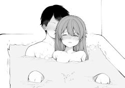 Rule 34 | 1boy, 1girl, absurdres, bath, bathing, bathtub, blush, breasts, cleavage, closed eyes, collarbone, commentary request, completely nude, couple, faceless, faceless male, greyscale, hetero, highres, implied sex, medium breasts, mixed-sex bathing, monochrome, nude, original, shared bathing, short hair, toru nagase, water