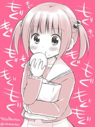 Rule 34 | 1girl, akane souichi, blush, copyright name, eating, monochrome, saeki hina, short hair, short twintails, simple background, solo, tokyo 7th sisters, twintails