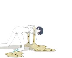 Rule 34 | 1other, androgynous, blue eyes, blue hair, blunt bangs, broken, crying, crying with eyes open, gem, gold, golden arms, houseki no kuni, kneeling, melting, missing limb, phosphophyllite, phosphophyllite (ll), sad, see-through, short hair, solo, spoilers, tears, white background