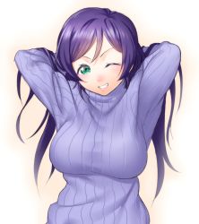 Rule 34 | 10s, 1girl, arms behind head, breasts, female focus, gradient background, green eyes, grin, large breasts, long hair, long sleeves, looking at viewer, love live!, love live! school idol festival, love live! school idol project, one eye closed, onsoku inu, purple hair, ribbed sweater, smile, solo, sweater, tojo nozomi, turtleneck, upper body
