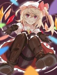Rule 34 | 1girl, :d, aya-daisuki218, black gloves, black pantyhose, boots, brown footwear, commentary request, fang, flandre scarlet, frilled sleeves, frills, full body, gloves, hair between eyes, hat, hat ribbon, highres, looking at viewer, mob cap, open mouth, pantyhose, partial commentary, puffy short sleeves, puffy sleeves, red eyes, red ribbon, ribbon, shirt, shoe soles, short sleeves, smile, solo, touhou, white hat, white shirt, wings