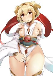 Rule 34 | 10s, 1girl, andira (granblue fantasy), arm behind back, blonde hair, blush, breasts, breasts out, brown eyes, censored, clothing aside, commentary request, cowboy shot, detached sleeves, erune, closed eyes, fur-trimmed sleeves, fur trim, gluteal fold, granblue fantasy, hair between eyes, hairband, legs apart, looking at viewer, mosaic censoring, nipples, no bra, no panties, sash, short hair, simple background, small breasts, solo, standing, sweatdrop, thighhighs, wakamesan, white background, white thighhighs