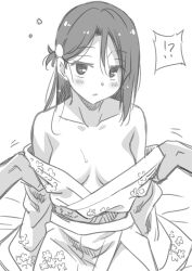 Rule 34 | !?, 1girl, 1other, aroused, bare shoulders, bed sheet, blush, breasts, collarbone, commentary, floral print, greyscale, hair between eyes, hair ornament, hairclip, half-closed eyes, japanese clothes, kimono, long hair, looking at viewer, love live!, love live! sunshine!!, marugoshi teppei, medium breasts, messy hair, monochrome, motion lines, no bra, obi, on bed, open clothes, open kimono, parted lips, pov, pov hands, sakurauchi riko, sash, sitting, speech bubble, spoken interrobang, sweat, undressing another, white background