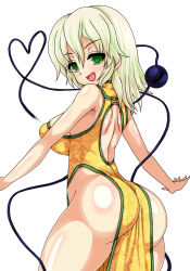 Rule 34 | 1girl, ass, back, bare shoulders, blush, breasts, china dress, chinese clothes, covered erect nipples, dress, from behind, green eyes, green hair, highres, komeiji koishi, large breasts, long hair, looking at viewer, matching hair/eyes, n (dai n honpo), no bra, no panties, open mouth, plump, shiny skin, side slit, sideboob, smile, solo, third eye, tongue, touhou