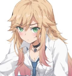 Rule 34 | 1girl, blonde hair, breasts, collared shirt, cosplay, dress shirt, fate/apocrypha, fate (series), green eyes, kitagawa marin, kitagawa marin (cosplay), long hair, long sleeves, looking at viewer, mordred (fate), mordred (fate/apocrypha), necktie, parted bangs, shirt, sidelocks, small breasts, solo, sono bisque doll wa koi wo suru, tonee, white shirt