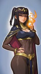 Rule 34 | 1girl, ai-assisted, ai-generated, bangle, black hair, blunt bangs, bodystocking, bodysuit, book, bracelet, bridal gauntlets, cape, circlet, covered navel, fire, fire emblem, fire emblem awakening, highres, jewelry, nintendo, skin tight, smile, tenebriskingart, tharja (fire emblem), tiara, torn bodystocking, torn clothes, two-tone cape, two side up