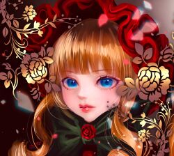 Rule 34 | 1girl, 2023, artist name, blonde hair, blue eyes, bow, bowtie, dated, eyelashes, flower, green bow, green bowtie, highres, lips, long hair, looking at viewer, pink lips, portrait, red flower, red rose, rose, rozen maiden, shinku, solo, soyohito