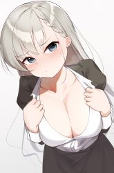 Rule 34 | 1girl, absurdres, black jacket, black skirt, blue eyes, blush, braid, braided bangs, breasts, cleavage, closed mouth, collarbone, collared shirt, commentary request, dutch angle, earrings, frown, gradient background, grey background, grey hair, hands up, heavy breathing, highres, hisakawa hayate, idolmaster, idolmaster cinderella girls, jacket, jewelry, juliet sleeves, large breasts, long hair, long sleeves, open clothes, open jacket, partially unbuttoned, puffy sleeves, rfeulgen, shirt, shirt tucked in, skirt, solo, standing, sweat, upper body, white shirt