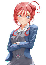 Rule 34 | 1girl, absurdres, blue eyes, blue jacket, blush, closed mouth, crossed arms, dress, grey dress, hair between eyes, hair bun, highres, jacket, long sleeves, looking at viewer, love live!, love live! superstar!!, notinversion, open clothes, open jacket, red hair, school uniform, short hair with long locks, simple background, solo, standing, white background, yoneme mei, yuigaoka school uniform