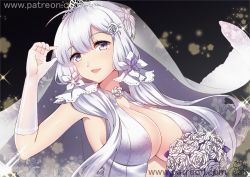 Rule 34 | 1girl, ahoge, arm up, armpits, artist name, azur lane, black background, blue eyes, blush, bouquet, braid, breasts, bridal veil, center opening, cleavage, dress, elbow gloves, flower, french braid, glint, gloves, go-it, hair flower, hair ornament, holding, holding bouquet, illustrious (azur lane), illustrious (morning star of love and hope) (azur lane), large breasts, long hair, looking at viewer, low-tied long hair, low twintails, mole, mole under eye, rose, signature, silver hair, sleeveless, sleeveless dress, solo, tareme, tiara, twintails, upper body, veil, watermark, web address, wedding dress, white flower, white gloves, white rose