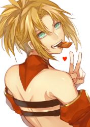 Rule 34 | 1girl, 2f sq, bare shoulders, candy, chocolate, fate/apocrypha, fate (series), food, green eyes, long hair, looking at viewer, mordred (fate), mordred (fate/apocrypha), ponytail, simple background, smile, solo, v, white background