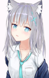 Rule 34 | 1girl, animal ear fluff, animal ears, blue archive, blue eyes, breast pocket, bright pupils, cat ears, collarbone, collared shirt, cross, hair ornament, highres, kuroro tp, looking at viewer, medium hair, messy hair, mismatched pupils, necktie, off shoulder, parted lips, pink hair, pocket, shiroko (blue archive), shirt, sidelocks, solo, upper body, white background, white pupils, white shirt
