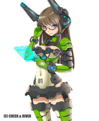 Rule 34 | 1girl, adjusting eyewear, blue eyes, breasts, copyright request, covered navel, cowboy shot, english text, glasses, gloves, gluteal fold, green gloves, headset, highres, hirobee, holographic touchscreen, leotard, long hair, simple background, solo, watermark, white background