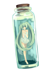 Rule 34 | 1girl, absurdres, ahoge, bad id, bad pixiv id, bare shoulders, barefoot, bottle, female focus, full body, green eyes, green hair, hatsune miku, highres, in bottle, in container, kinoko0302, long hair, matching hair/eyes, open mouth, simple background, solo, twintails, very long hair, vocaloid, white background