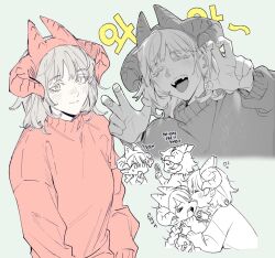Rule 34 | &gt; &lt;, 2girls, ^ ^, biting, braid, braided ponytail, cheek biting, chibi, claw pose, closed eyes, closed mouth, cropped torso, dragon horns, dungeon meshi, elf, fake horns, fake teeth, falin touden, fangs, gloom (expression), grey hair, half-closed eyes, hands on another&#039;s shoulders, hands up, holding, horns, long hair, long sleeves, looking at viewer, marcille donato, matching outfits, multiple girls, multiple horns, multiple views, open mouth, partially colored, pointy ears, profile, red horns, red sweater, short hair, simple background, single braid, smile, sweatdrop, sweater, turtleneck, upper body, wawa (wawawa0080), yellow eyes
