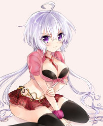 Rule 34 | 1girl, ahoge, belly chain, between breasts, black bra, black thighhighs, blush, bra, breasts, cleavage, closed mouth, collared shirt, commentary, cropped shirt, front-tie top, frown, futtia, grey background, hand on own arm, highres, jewelry, large breasts, long hair, looking at viewer, low twintails, medium breasts, medium hair, microskirt, navel, pink shirt, plaid, plaid skirt, pleated skirt, purple eyes, purple hair, red neckwear, red skirt, senki zesshou symphogear, shirt, short sleeves, simple background, sitting, skirt, solo, thighhighs, twintails, underwear, very long hair, wariza, yukine chris