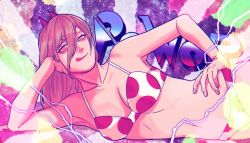 Rule 34 | 1girl, bikini, blonde hair, chainsaw man, cross-shaped pupils, drgryu750, elbow rest, hair between eyes, hands on own hips, highres, horns, lightning, long hair, looking at viewer, lying, on side, polka dot, polka dot bikini, power (chainsaw man), red horns, smoke, solo, swimsuit, symbol-shaped pupils, tongue, yellow eyes