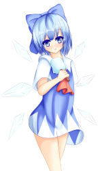 Rule 34 | 1girl, aiykawa, ascot, blue eyes, blue hair, blush, bow, cirno, colored eyelashes, cowboy shot, d:, dress, fang, hair bow, hair ribbon, head tilt, highres, ice, ice wings, large bow, looking at viewer, matching hair/eyes, open mouth, popsicle, ribbon, short dress, short hair, solo, thighs, touhou, wings