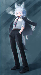 Rule 34 | 1girl, absurdres, ahoge, alternate costume, animal ear fluff, animal ears, belt, black footwear, black necktie, black pants, black suit, blue background, blue eyes, chromatic aberration, cigarette, closed mouth, collared shirt, commentary, cross-laced footwear, dress shirt, expressionless, eyes visible through hair, formal, fox ears, fox tail, full body, hair between eyes, hands in pockets, highres, hololive, jacket, jacket on shoulders, long hair, long legs, looking at viewer, mouth hold, necktie, open clothes, open jacket, pants, ponytail, red necktie, shirakami fubuki, shirt, shoes, silver hair, simple background, smoke, smoking, solo, standing, striped necktie, striped neckwear, suit, tail, tsumumi (ozakiyo), two-tone necktie, two-tone neckwear, virtual youtuber, white shirt, wing collar