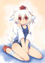 Rule 34 | 1girl, animal ears, bandages, bare shoulders, between legs, blush, female focus, geta, hand between legs, hat, highres, inubashiri momiji, kneeling, looking at viewer, non-web source, off shoulder, one-piece swimsuit, open clothes, red eyes, scan, school swimsuit, shirt, short hair, silver hair, solo, swimsuit, tail, tareme, tengu-geta, toba hiyoko, tokin hat, touhou, v arms, wolf ears, wolf tail