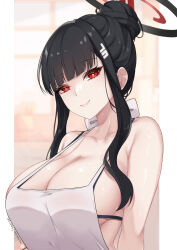 Rule 34 | 1girl, absurdres, amai-pai, apron, armpit crease, barre, black bra, black hair, blue archive, blunt bangs, bra, breasts, cleavage, closed mouth, hair bun, hair ornament, halo, highres, large breasts, long hair, looking at viewer, nearly naked apron, pillarboxed, red eyes, rio (blue archive), sidelocks, smile, solo, strap gap, sweat, underwear, upper body, white apron