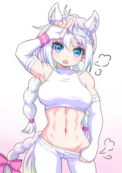 Rule 34 | 1girl, puff of air, abs, animal ears, aqua eyes, arm up, armpits, bare shoulders, bow, braid, braided tail, breasts, clothes pull, commentary request, cowboy shot, elbow gloves, extra ears, fingerless gloves, gloves, gluteal fold, groin, hair between eyes, hand on own head, head tilt, highres, horizontal pupils, horse ears, horse girl, horse tail, kemono friends, long hair, looking at viewer, mamiyama, medium breasts, midriff, navel, open mouth, pants, pants pull, pink hair, pulling own clothes, solo, sports bra, standing, stomach, sweat, tail, tail bow, tail ornament, tank top, taut clothes, toned, turtleneck, twin braids, twintails, white gloves, white hair, white pants, white sports bra, white thoroughbred (kemono friends), wristband