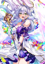Rule 34 | 1girl, :d, absurdres, bare shoulders, bead bracelet, beads, blush, bracelet, breasts, choker, cleavage, commentary, cowboy shot, detached sleeves, dress, green eyes, grey hair, head wings, highres, holding, honkai: star rail, honkai (series), jewelry, long hair, looking at viewer, medium breasts, open mouth, purple choker, robin (honkai: star rail), shibakame, short sleeves, smile, solo, standing, strapless, strapless dress, thighs, very long hair, white dress, wings