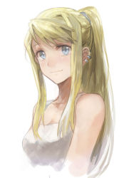 Rule 34 | 1girl, arms at sides, bare shoulders, blonde hair, blue eyes, close-up, earrings, fullmetal alchemist, jewelry, long hair, ponytail, riru, shirt, simple background, sleeveless, sleeveless shirt, smile, solo, upper body, white background, white shirt, winry rockbell