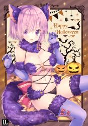 Rule 34 | 1girl, animal ears, bare shoulders, bat (animal), blush, border, bow, breasts, candy, character name, claw pose, cleavage, copyright name, elbow gloves, fate/grand order, fate (series), food, fur-trimmed gloves, fur-trimmed legwear, fur trim, ghost, gloves, happy halloween, invisible chair, jack-o&#039;-lantern, lace, lace-trimmed legwear, lace trim, lollipop, long sleeves, looking at viewer, mash kyrielight, mash kyrielight (dangerous beast), mitha, navel, o-ring, o-ring top, official alternate costume, open mouth, pennant, pink bow, pink hair, pumpkin, purple eyes, purple gloves, purple thighhighs, revealing clothes, short hair, sitting, solo, stomach, string of flags, tail, tareme, thighhighs, wolf ears, wolf tail