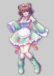 Rule 34 | 1girl, :d, ahoge, apron, blue eyes, blush, boots, braid, brown hair, detached sleeves, dress, frilled apron, frilled dress, frills, full body, green dress, green footwear, green hair, green sleeves, grey background, hair between eyes, hair over shoulder, hair rings, highres, ittokyu, long hair, long sleeves, looking at viewer, multicolored hair, open mouth, original, pleated dress, puffy long sleeves, puffy sleeves, simple background, sleeveless, sleeveless dress, sleeves past wrists, smile, solo, streaked hair, twin braids, white apron