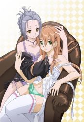 Rule 34 | 00s, 2girls, adjusting hair, arm grab, bra, brown eyes, brown hair, buttons, chair, checkered background, dress, green eyes, green panties, hair bun, hair ornament, hairclip, hand on another&#039;s head, handa shinobu, hug, jewelry, lace, lace-trimmed panties, lace trim, lingerie, long hair, lowres, mizuki (ms pictures), multiple girls, naitou momoko, navel, necklace, no pants, off shoulder, official art, open clothes, open shirt, orange hair, panties, pendant, ponytail, purple bra, purple panties, shirt, short hair, shoujo sect, side-tie panties, silver hair, single hair bun, sitting, sitting on lap, sitting on person, smile, strap slip, sundress, thighhighs, unbuttoned, underwear, undressing, white thighhighs, yellow eyes, yuri