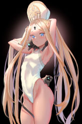Rule 34 | 1girl, abigail williams (fate), abigail williams (swimsuit foreigner) (fate), abigail williams (swimsuit foreigner) (second ascension) (fate), absurdres, armpits, arms up, bishooji, black background, blonde hair, blue eyes, blush, breasts, cat, commentary request, double bun, fate/grand order, fate (series), hair bun, hat, highleg, highleg swimsuit, highres, keyhole, long hair, looking at viewer, one-piece swimsuit, parted bangs, parted lips, simple background, small breasts, solo, sweatdrop, swimsuit, tears, very long hair, white hat, white one-piece swimsuit