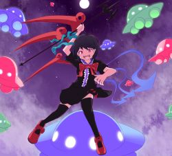 Rule 34 | 1girl, aho, bad id, bad pixiv id, black hair, black thighhighs, dress, female focus, highres, houjuu nue, outdoors, polearm, red eyes, short hair, sky, snake, solo, spear, thighhighs, touhou, trident, ufo, weapon, wings, zettai ryouiki
