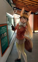Rule 34 | 1girl, :d, ^ ^, absurdres, animal ears, arm behind back, black footwear, black gloves, black hair, blonde hair, bow, bowtie, closed eyes, commentary request, extra ears, ezo red fox (kemono friends), facing viewer, fox ears, fox girl, fox tail, fur-trimmed sleeves, fur trim, gloves, gradient hair, gradient legwear, highres, indoors, jacket, kemono friends, leaning to the side, long hair, long sleeves, multicolored hair, necktie, open mouth, orange jacket, pantyhose, pleated skirt, pointing, shoes, signature, skirt, smile, solo, standing, tail, very long hair, welt (kinsei koutenkyoku), white bow, white neckwear, white pantyhose, white skirt, yellow neckwear, yellow pantyhose