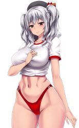 Rule 34 | 10s, 1girl, alternate costume, beret, blush, breasts, buruma, commentary request, cowboy shot, crop top, curvy, female focus, grey eyes, gym uniform, hand on own chest, hat, highleg, highleg buruma, ishimiso (ishimura), kantai collection, kashima (kancolle), large breasts, long hair, looking at viewer, midriff, navel, red buruma, shirt, short sleeves, silver hair, simple background, smile, solo, standing, tsurime, twintails, uniform, wavy hair, white background, white shirt, wide hips